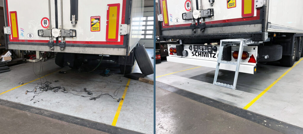 Achterzijde van een vrachtauto met en zonder trapje
